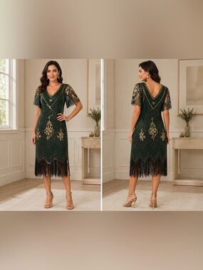 Sweet Rain Deep Green Midi Dress with Gold Beaded Accents